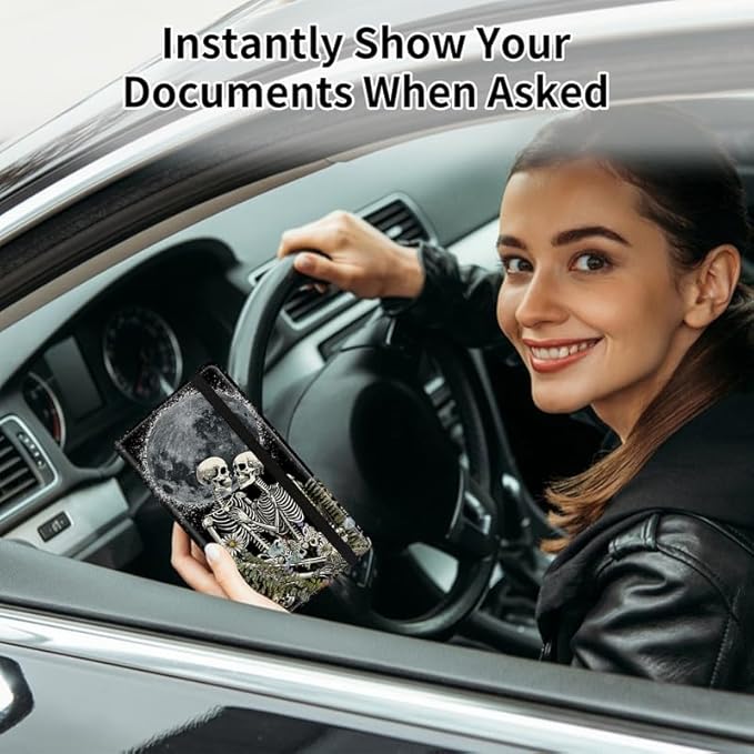 Car Registration and Insurance Card Holder, Vehicle License Documents Glove Box Compartment Organizer Wallet, ID Card Holder for Car Essentials Automobile, Gothic Skeleton Romantic