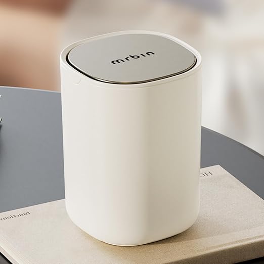 MRBIN Desk Mini Trash Can, 0.4 Gallon Table Top Plastic Waste Basket with Stainless Steel Lid, Small Garbage Bin for Car, Bedroom, Coffee Bar, Vanity Countertop, White