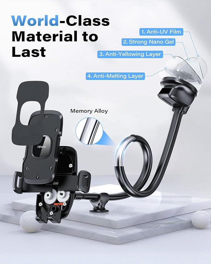 1Zero Solid Car Truck Phone Mount Holder with 14-Inch Gooseneck Long Arm, Windshield Window Mobile Holders w/Industrial-Strength Suction Cup, Anti-Shake Stabilizer Compatible All Cell Phones, Black