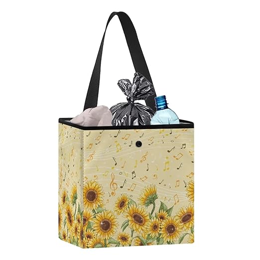Sunflower Music Notes Pattern Car Trash Can Leakproof Trash Bin Car Garbage Can Hanging Water-Resistant Collapsible Auto Trash Bag Car Accessories for Women Men