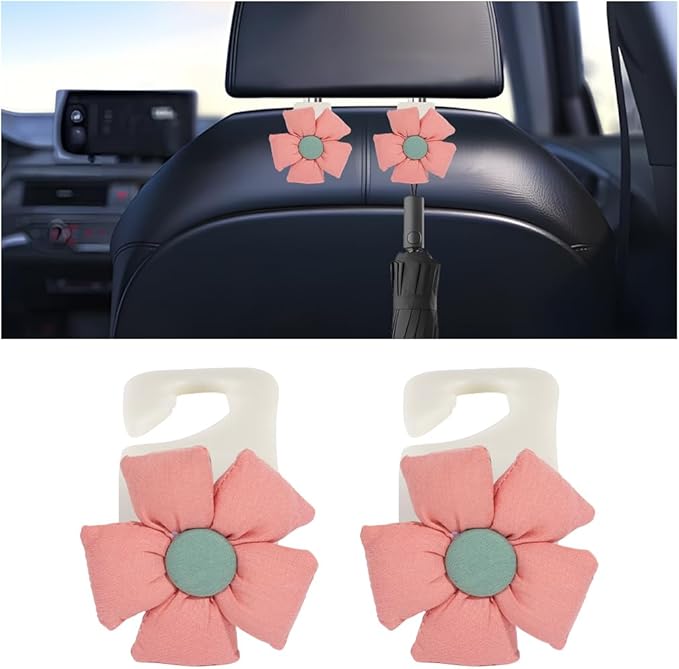 Car Seat Headrest Hooks, 2PCS Cute Flower Vehicle Seat Back Organizer Holder for Purses Bags Grocery, Automotive Interior Storage Hanger Decoration Accessories, Universal Fit (White/Pink)