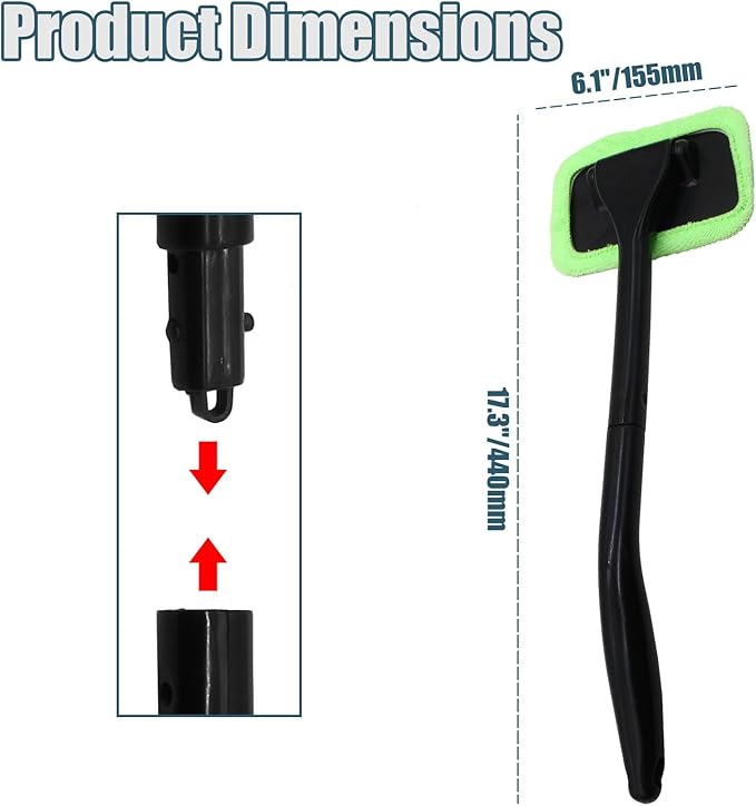 Car Window Cleaner Kit Windshield Cleaning Tool with Extendable Long Handle and 2 Washable Reusable Microfiber Pads, Green