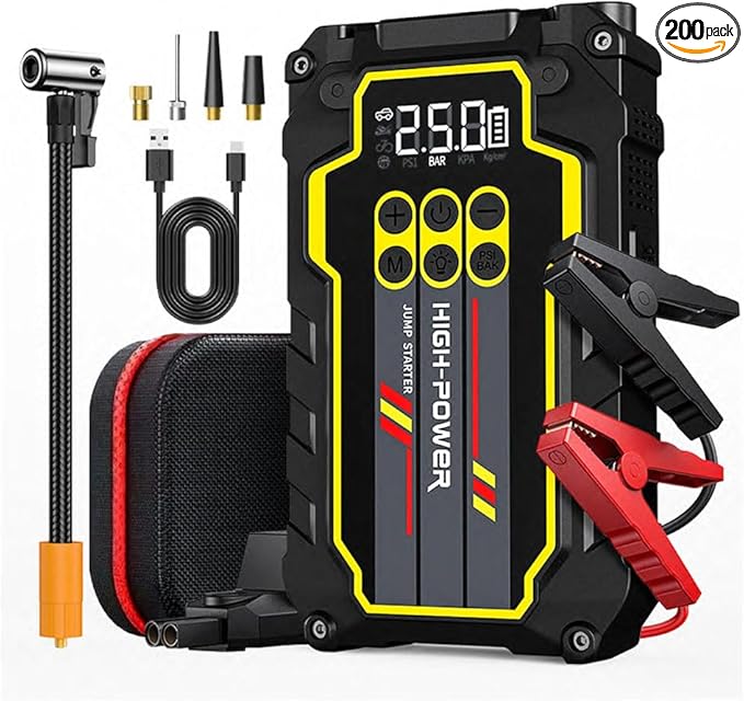 Jump Starter 4000A 12V Car Battery Booster Pack (Up to 7.0L Gas, 5.5L Diesel), Portable Power Bank with Air Compressor, 400LM LED Flashlight, SOS for Truck, SUV, Vehicles
