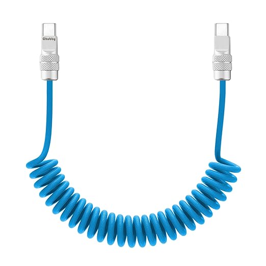 chubbycable Curly Chubby 240W Coiled USB C Fast Charging Cable Durable Braided Charger Cord for Car Compatible with iPhone 17-15 Series iPad, Light Blue, Type-C to Type-C, 2.13FT-6.56FT