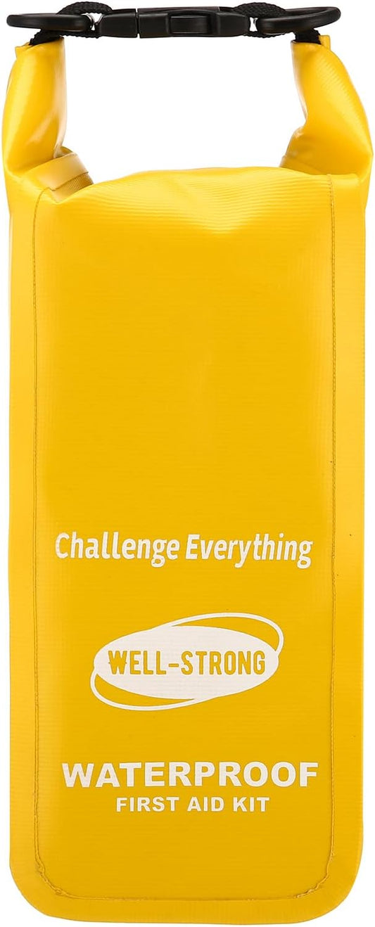 Boat First Aid Kit Waterproof, WELL-STRONG Marine Emergency Kit with Roll Top Dry Bag for Boating Fishing Kayaking – Water-Resistant Contents for Camping & Beach（Yellow）