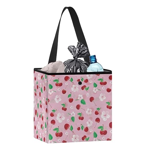 Cherry Blossom Car Trash Can Hanging Trash Bin Leak-Proof Collapsible Car Garbage Bag, Cherries Car Accessories 2 Gal Large Capacity Multipurpose Storage Container Pink