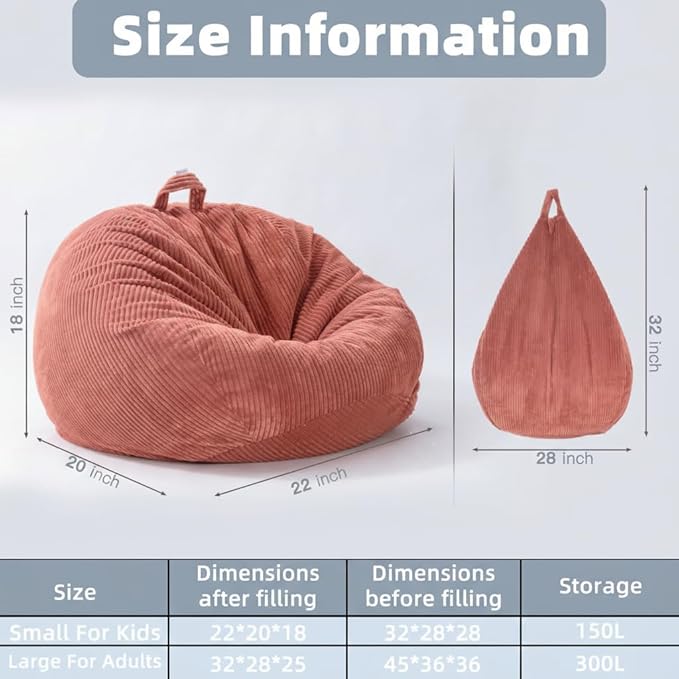 Stuffed Animal Storage Bean Bag Chair Cover (No Filler),Large Toy Storage Organizer & Comfy Kids Sofa Chair for Playroom, Teens Adults Toddler - Corduroy (Pink, Cover Only)