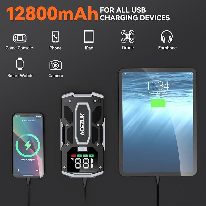 Car Jump Starter,12V 8-in-1 Jump Starter Battery Pack 6000A, Up to 7.0L Gas & 5.5L Diesel Engines Quick Charge 3.0 Power Bank Jumper Cable with LED,Large Screen