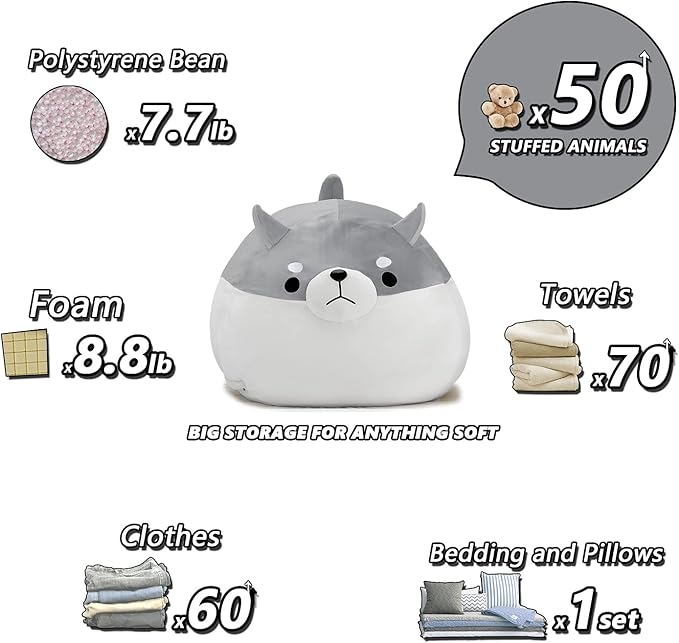CUEBEAR Stuffed Animal Storage Bean Bag Chair Cover for Kids Grey Shiba Inu Dog Bean Bag Chair for Girls X-Large Size Toy Organizer Cover Only Without Filling