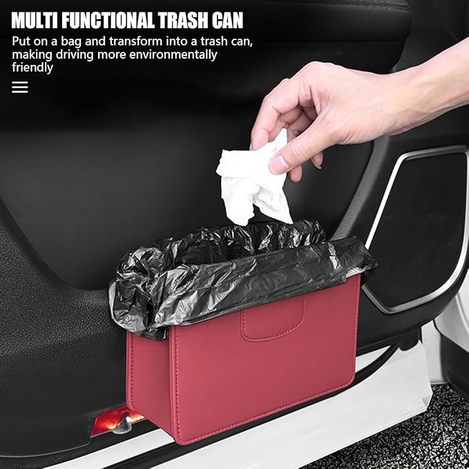 Car Trash Can, Leather Auto Garbage Bin, Magnetic Litter Storage Container, Mini Portable Foldable Vehicle Interior Hanging Dustbin Accessories, Universal for SUV, Truck, RV（Wine Red）