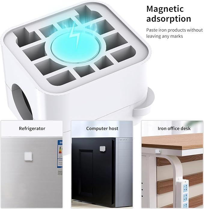 Magnetic Cable Organizer for Desk – Upgraded Wire Clips with Adhesive Base – Desktop Cord Holder for USB, Charging Cables – 6 Clips + 1 Magnetic Base (White)