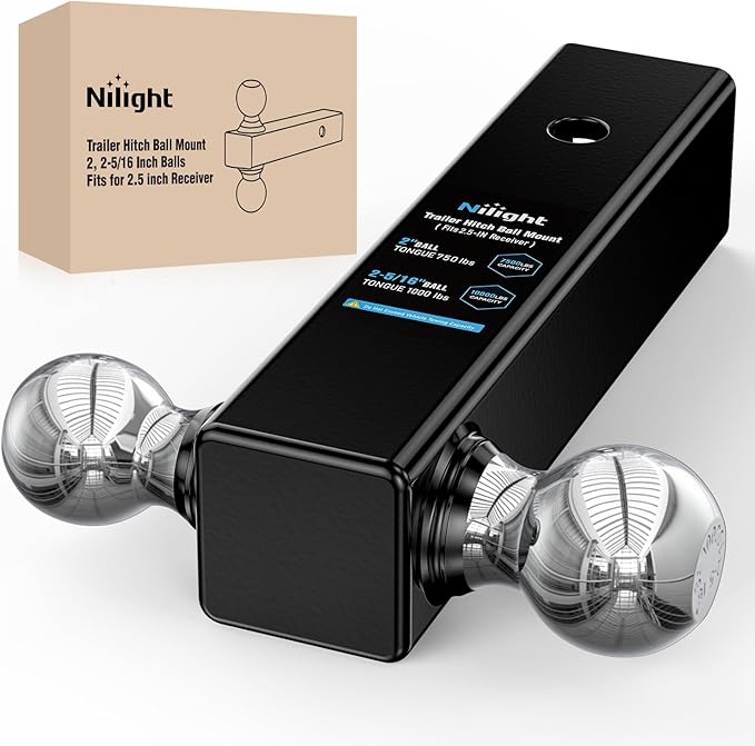 Nilight Multi-Ball Trailer Hitch Ball Mount, 2 & 2-5/16 Inch Balls, Dual Ball Mount fits 2-1/2-Inch Hitch Receiver, Chrome Plating