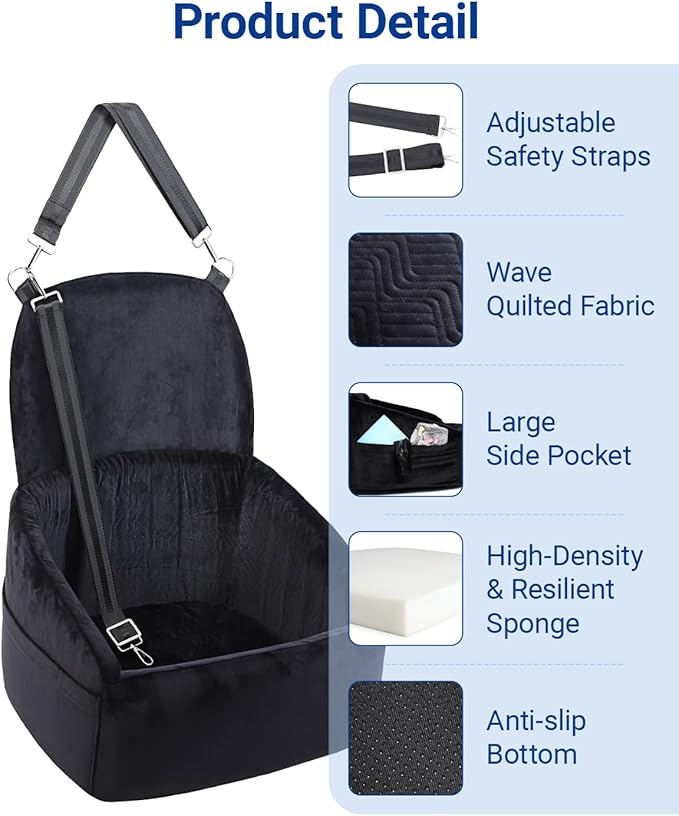 NUPIDA Dog Car Seat for Small Medium Dogs, Dog Booster Seat with Extendable Backrest, Pet Portable Car Seats up to 30 lbs, Washable Travel Bed with Storage Pockets and 2 Safety Leashes, Black