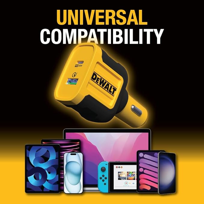 DEWALT Heavy Duty USB + USB C Car Charger Adapter, 49.5W Cigarette Lighter USBA Charger, PD Car Charging Adapter PPS 30W Quick Charge 3.0 Fast Charging for iPhone 17/16/15 Pro Max Samsung Galaxy Pixel