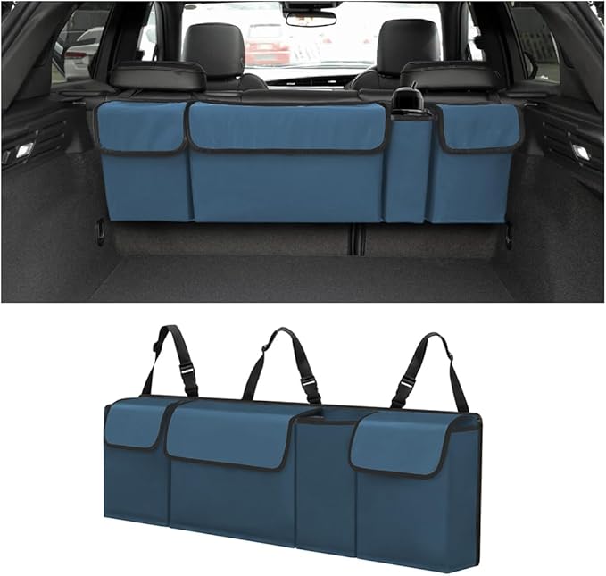 BELOMI Car Trunk Organizer, Auto Waterproof Sturdy Backseat Hanging Large Storage Collapsible Cargo Bag with Anti-Slip Adjustable Strip&4 Pockets, Vehicle Interior Accessories for Man Woman (Blue)