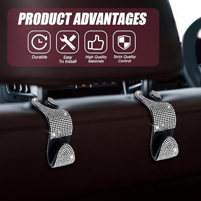 deemars 2 Pack Car Seat Headrest Hook, Bling Car Hooks Front Seat, Back Seat Organizer Hanger Storage Hook Car Purse Hook for Bags, Clothes, Coats, Grocery Bags (White)