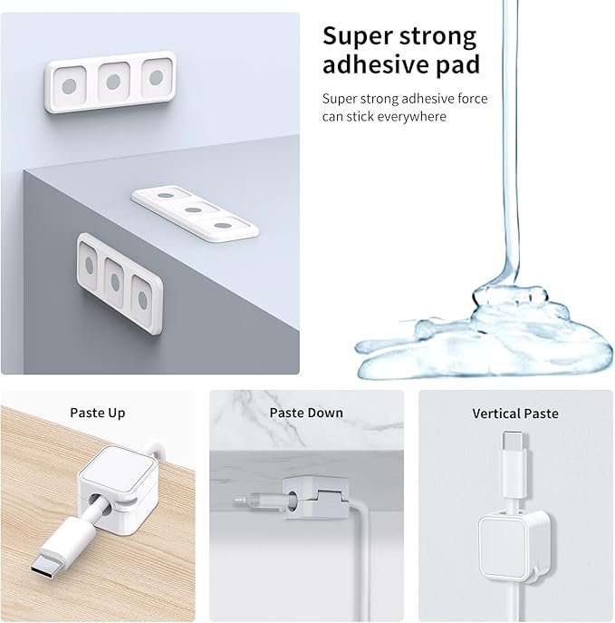 Magnetic Cable Organizer for Desk – Upgraded Wire Clips with Adhesive Base – Desktop Cord Holder for USB, Charging Cables – 6 Clips + 1 Magnetic Base (White)