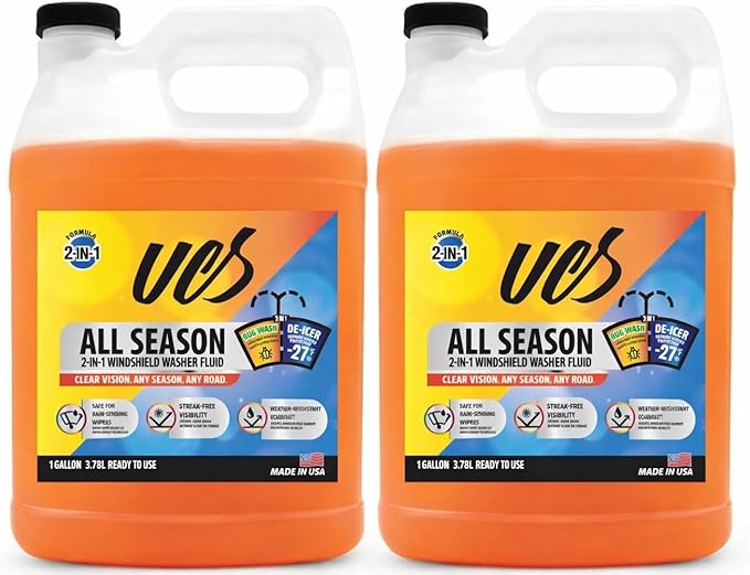 UCS All-Season Windshield Washer Fluid -27F Winter Protection – 2-in-1 Bug Remover – Streak-Free Formula – 2 Pack (2 Gallons Total)