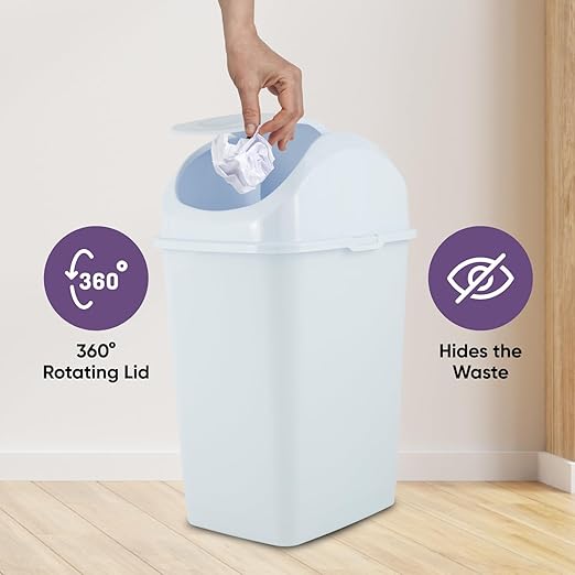 Superio Kitchen Trash Can with Swing Top Lid 9 Gallon Slim Waste Bin 37 Qt Sturdy Plastic Garbage Can Medium Recycling Bin for Office, Bathroom, Under Counter, Dorm, Bedroom (White)