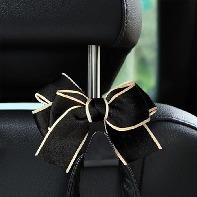 Car Seat Headrest Hook, 2PCS Cute Bow Knot Vehicle Seatback Hanging Storage Organizer, Seat Back Hanger for Purse Coat Umbrella, Universal Automotive Interior Decor Accessories (Black/White)
