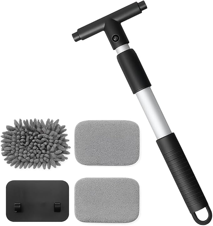 Car Windshield Cleaning Tool, Vehicle Window Cleaner with 3 Reusable Pads & Extendable Handle, Automotive Glass Wiper Wash Kit for Interior Exterior, Universal for Vehicles (Rectangular)