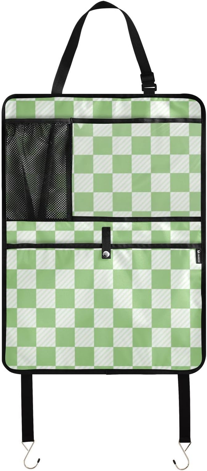 Checkered Light Green 2 Pack Backseat Car Organizer with Storage Pockets Seat Back Organizers for Kids Kick Mats Backseat Protector Automotive
