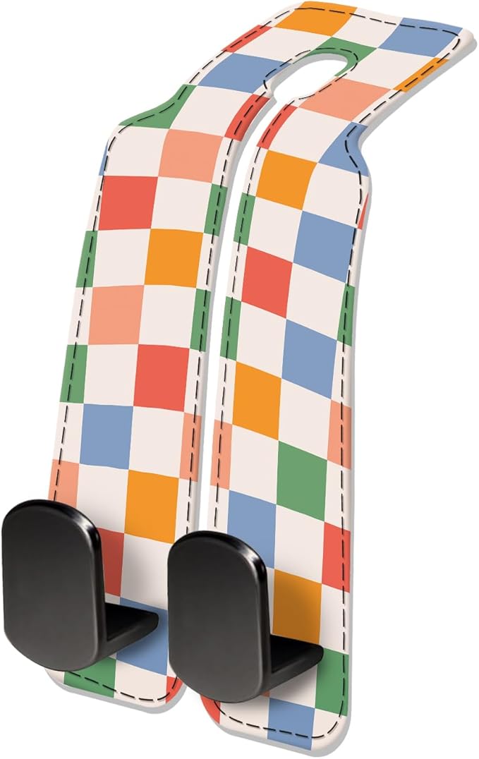 Car Seat Headrest Hook, Universal Leather Cute Hanger Holder Hook, Storage Organizer Interior Accessories for Purse Bags Handbag Colorful Cute Plaid