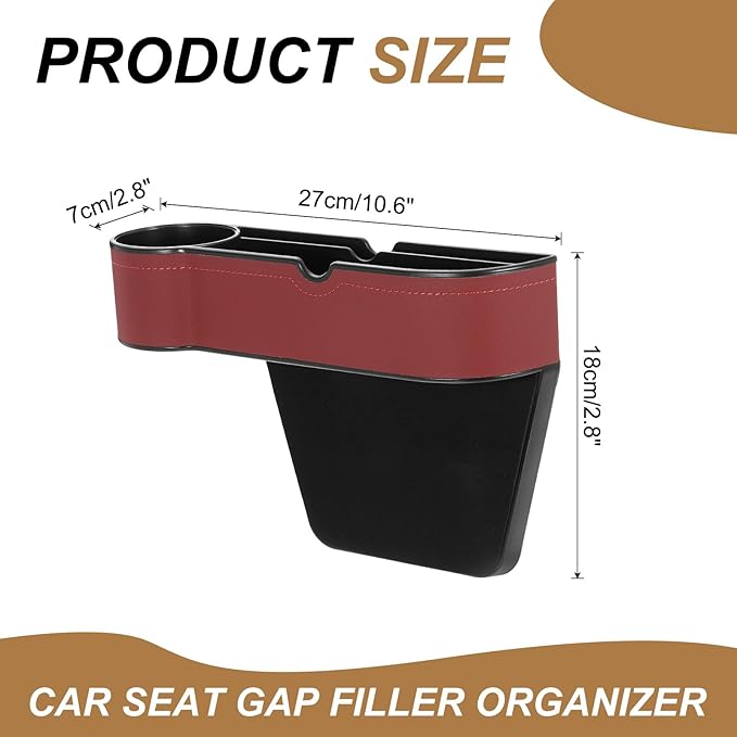 HARFINGTON 2pcs Car Seat Gap Filler Organizer 10.6 x 7.1 x 2.8 Inch ABS+Leather Universal Car Organizer Storage Box Between Seat and Console (Left+Right) with Cup Holders for Phone, Wine Red