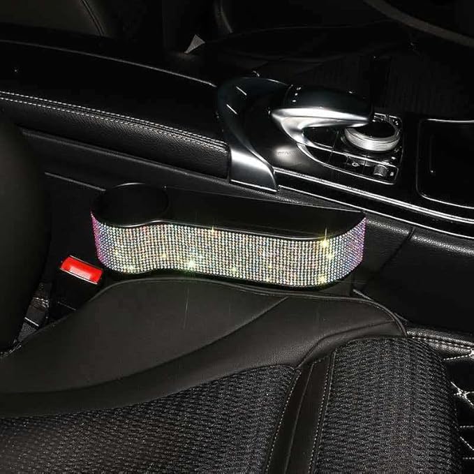 Bling Bling Car Seat Organizer Front Seat Gap Filler with Crystal Rhinestones Diamond, PU Leather Car Seat Console Storage Organizer for Car Accessories (Colorful)