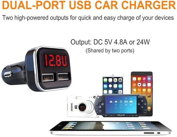 4.8A 24W Dual USB Car Charger Volt Meter Car Battery Monitor with LED Voltage & Amps Display in Red LED, Cigarette Lighter Voltage Meter, Compatible with iPhone 15 Pro Max Samsung Galaxy S24