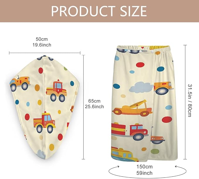 Women Bath Wrap Hair Towel Drying Cap Set Colored Trucks Cars Polka Dots Soft Absorbent Bathrobe Shower Wraps with Adjustable Closure Spa Bath Robe