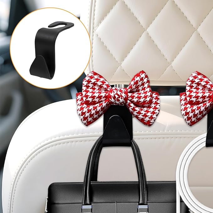 Cute Bow Car Seat Headrest Hooks, 2PCS Multifunctional Vehicle Rear Seat Hanging Hooks, Automotive Interior Seatback Storage Organizer for Purses Bags, Universal for SUV Sedan Truck (Red/Small)