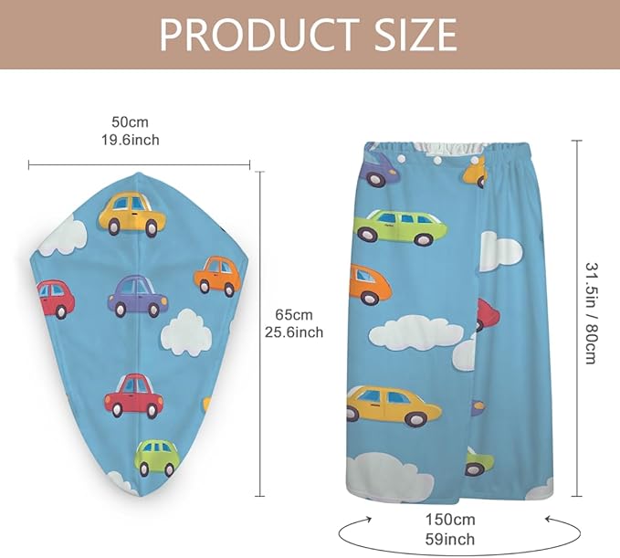 Women Bath Wrap Hair Towel Drying Cap Set Cute Adorable Cars Soft Absorbent Bathrobe Shower Wraps with Adjustable Closure Spa Bath Robe