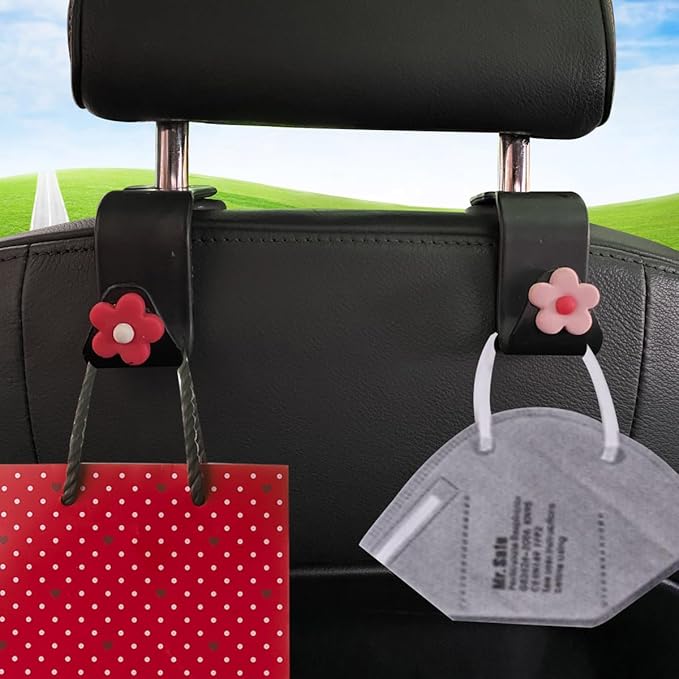 BESULEN Car Seat Headrest Hook, 4PCS Vehicle Seatback Organizer Hanger, Auto Seat Back Storage Hook for Grocery Bag Purse Handbag Umbrella, Universal Interior Accessories for Most Cars (Red)