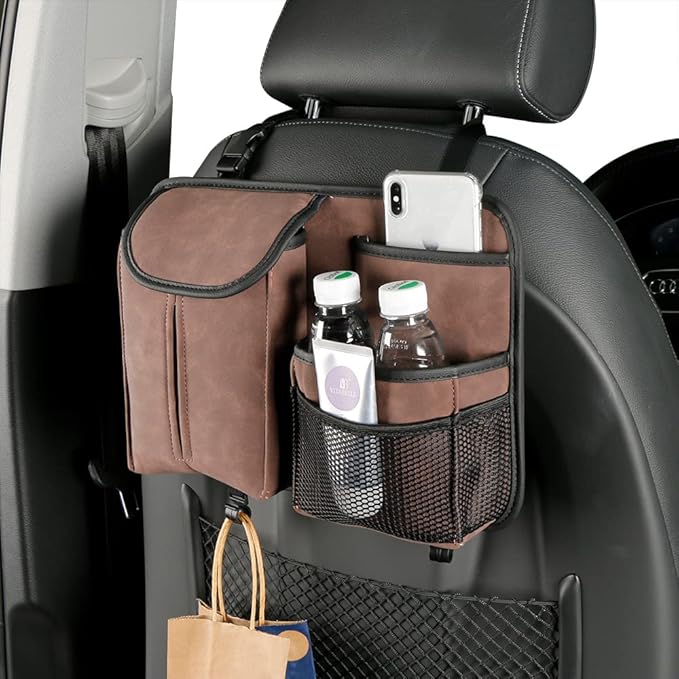 JEYODA Car Seat Back Organizer Large Capacity Car Seat Back Storage Bag with Hook Suede Car Tissue Box (Brown)