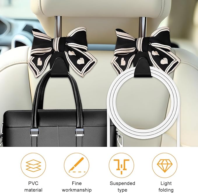 Cute Bow Car Seat Headrest Hooks, 2PCS Multifunctional Vehicle Rear Seat Hanging Hook, Automotive Interior Seatback Storage Organizer for Purses Ba, Universal for SUV Sedan Truck (Black/White)