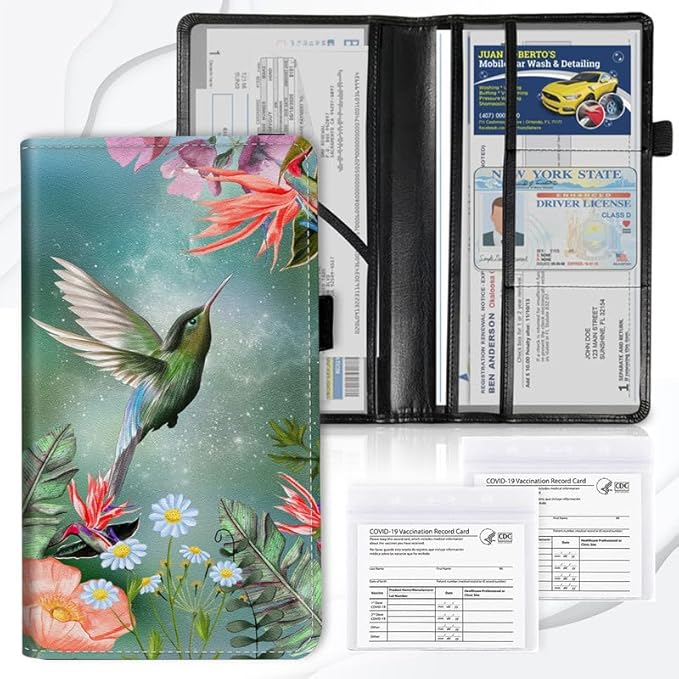 Car Registration and Insurance Card Holder, Vehicle License Documents Glove Box Compartment Organizer Wallet, ID Card Holder for Car Essentials Automobile, Hummingbird Pink Flowers