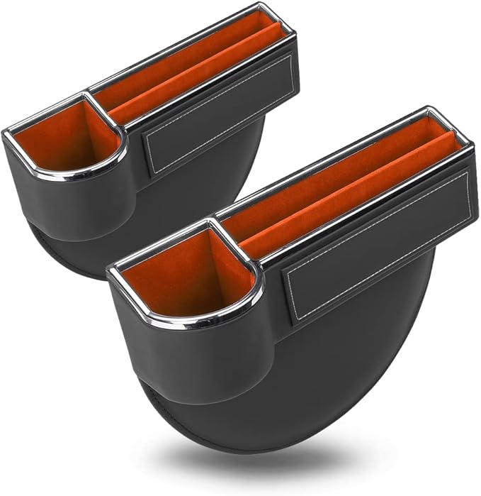 SANRILY Black Universal Car Seat Gap Filler Organizer Fashion PU Leather Multifunctional Car Center Console Organizer with Cup Holder 2 Pack Black