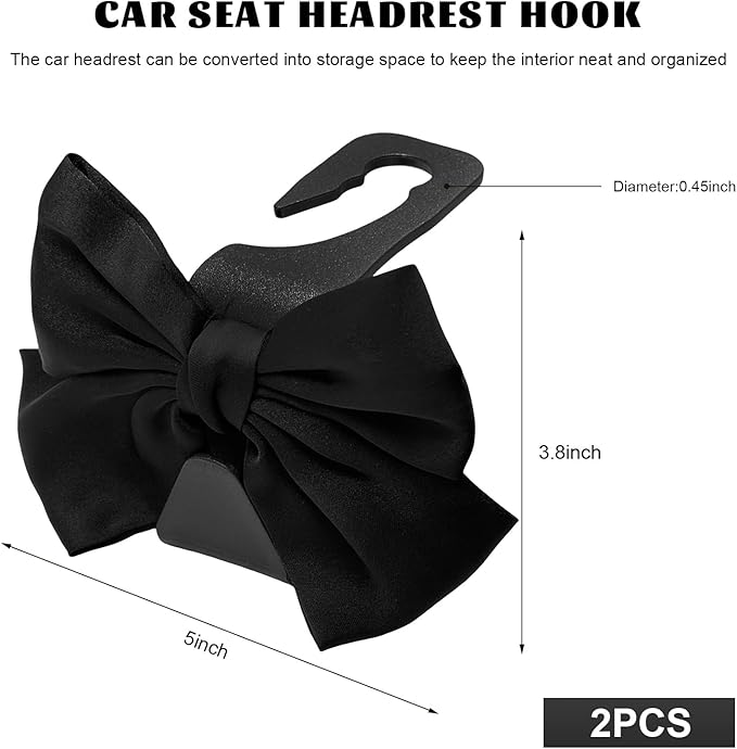 2 PCS Car Seat Headrest Hooks, Adorable Bow Knot Storage Hooks Multipurpose Vehicle Headrest Organizer, Auto Seatback Bowknot Hanger Interior Decoration for Car Truck SUV (Black)