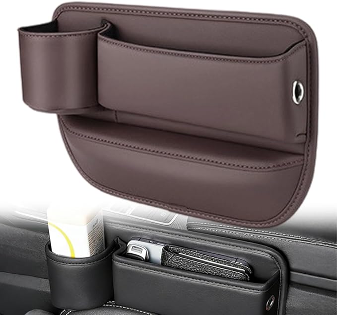 Car Leather Cup Holder Gap Bag, Adjustable Car Seat Gap Storage Box Leather with Cup Holder, for Keys, Cards, Phone, Sunglasses, Multi-Purpose Essentials Organizer (Brown, Driver's Seat)