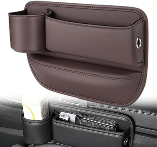 Car Leather Cup Holder Gap Bag, Adjustable Car Seat Gap Storage Box Leather with Cup Holder, for Keys, Cards, Phone, Sunglasses, Multi-Purpose Essentials Organizer (Brown, Driver's Seat)