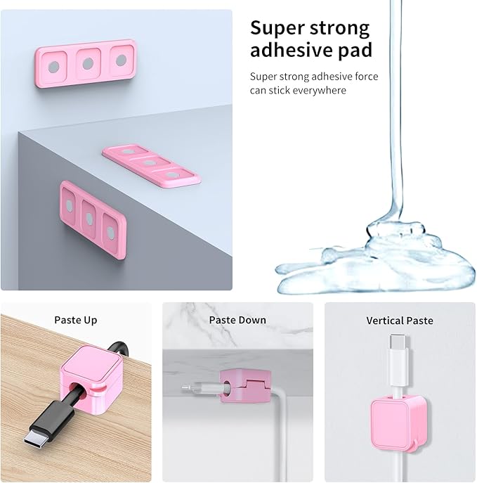Magnetic Cable Organizer for Desk – Upgraded Wire Clips with Adhesive Base – Desktop Cord Holder for USB, Charging Cables – 6 Clips + 1 Magnetic Base (Pink)