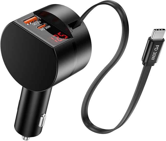 Mini Retractable Car Charger,65W Fast Charging USB C Car Charger with Retractable Cable,3 Port Type C Cigarette Lighter Adapter,Car Accessories for iPhone 17 16 15 14 Pro Max,Galaxy,iPad,Pixel,AirPods