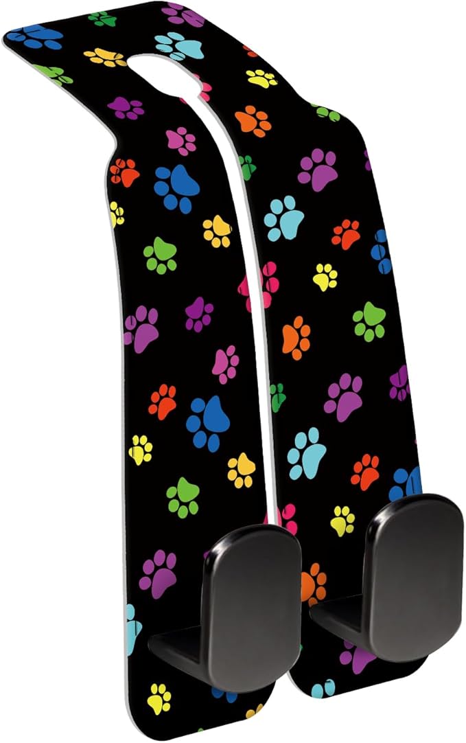 Car Seat Back Storage Headrest Hook, Premium Leather Double Metal Hook, Hanger Storage Organizer for Purse Cloth Bag, Car Interior Accessories Colorful Dog Paws