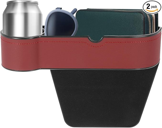 HARFINGTON Car Seat Gap Filler Organizer 10.6 x 7.1 x 2.8 Inch ABS+Leather Universal Car Organizer Storage Box Between Seat and Console (Left) with Cup Holders for Phone Keys, Wine Red