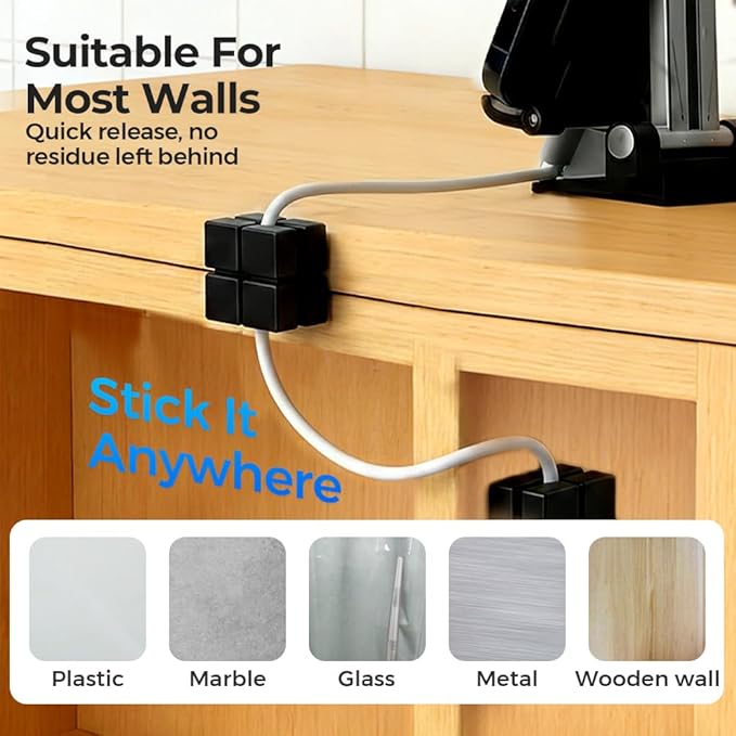 Magnetic Cord Organizer Holder, Upgrade Cord Holder for Nightstand, Adhesive Wire Cable Clips Management Kit for Phone Charger, Computer, Home, Office, Desk, Nightstand (Black-A, 3 Packs)