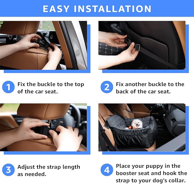 Oiilores Dog Car Seat for Small Dogs, Washable Pet Booster Seats with Clip-On Safety Leash, Comfy Deluxe Plush Carseat with Storage Pockets, Puppy Car Travel Carrier Bed for Dogs Under 25 lbs, Black