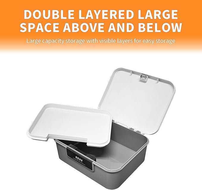 Lockable Storage Container Bin, 2.3 Gallon Capacity Organizer Box with Combination Lock, Heavy Duty Plastic Trunk, Usable As Item Organizer Or Office File Storage(Gray)