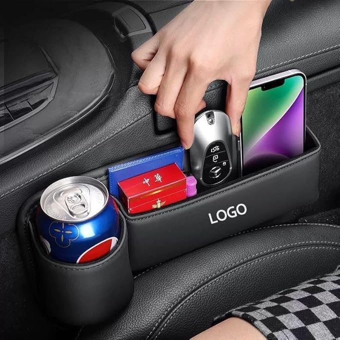 Custom Car Seat Gap Filler 2 Pack - Organizer with Logo/Text, Front Seat Leather Car Accessories for Women & Men, SUV & Truck Essentials (Black)
