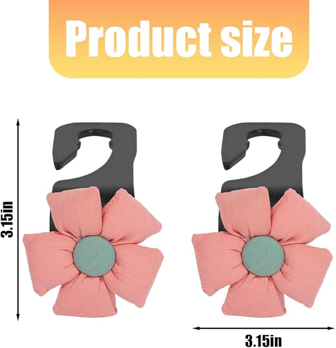 Car Seat Headrest Hooks, 2PCS Cute Flower Vehicle Seat Back Organizer Holder for Purses Bags Grocery, Automotive Interior Storage Hanger Decoration Accessories, Universal Fit (Black/Pink)
